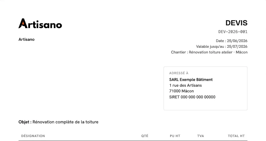 Aperçu PDF d’un devis dans Artisano : en-tête, numéro, dates de validité et coordonnées d’un client d’exemple
