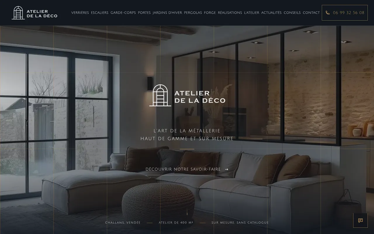 Page d’accueil du site d’Atelier de la Déco, sur ordinateur.