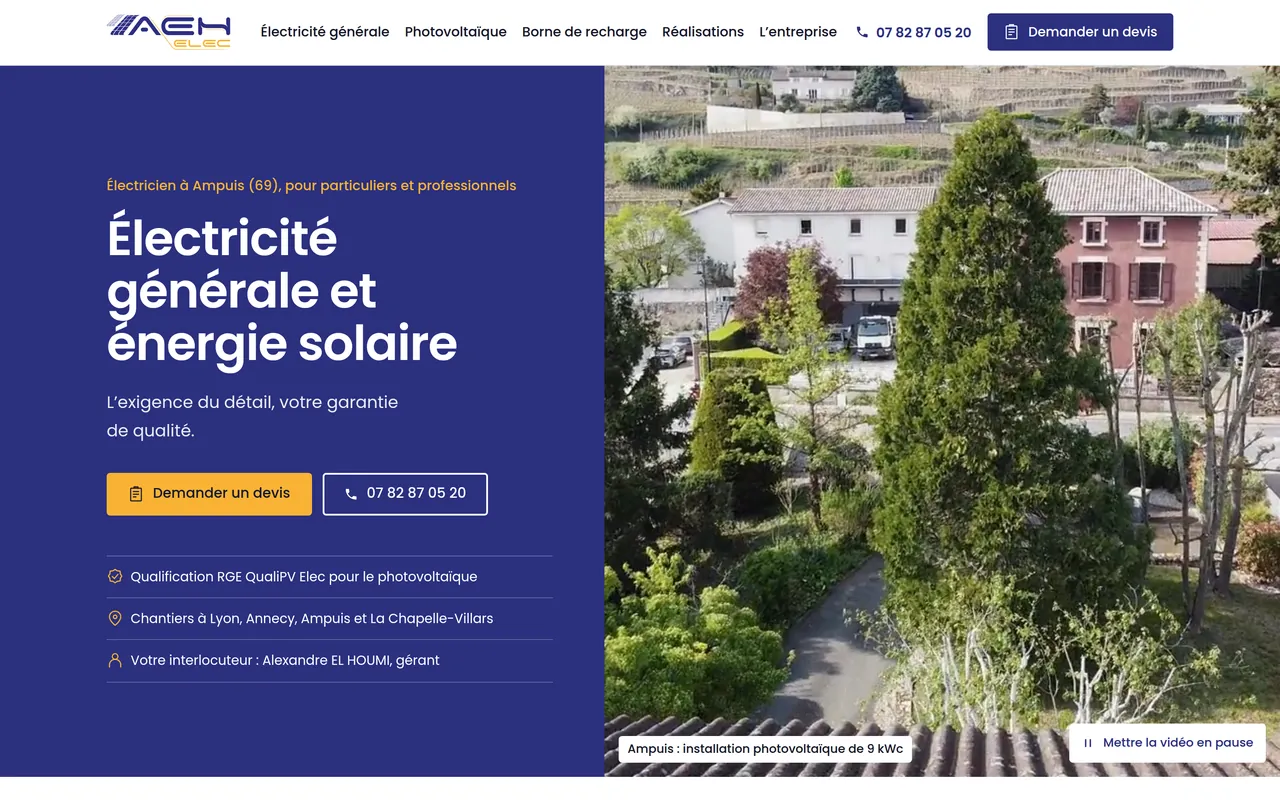 Page d’accueil du site d’AEH ELEC, sur ordinateur.