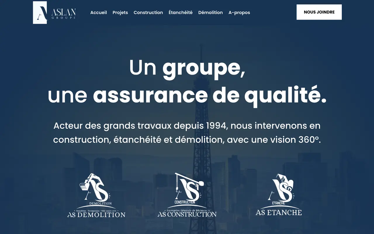 Page d’accueil du site d’Aslan Groupe, sur ordinateur.