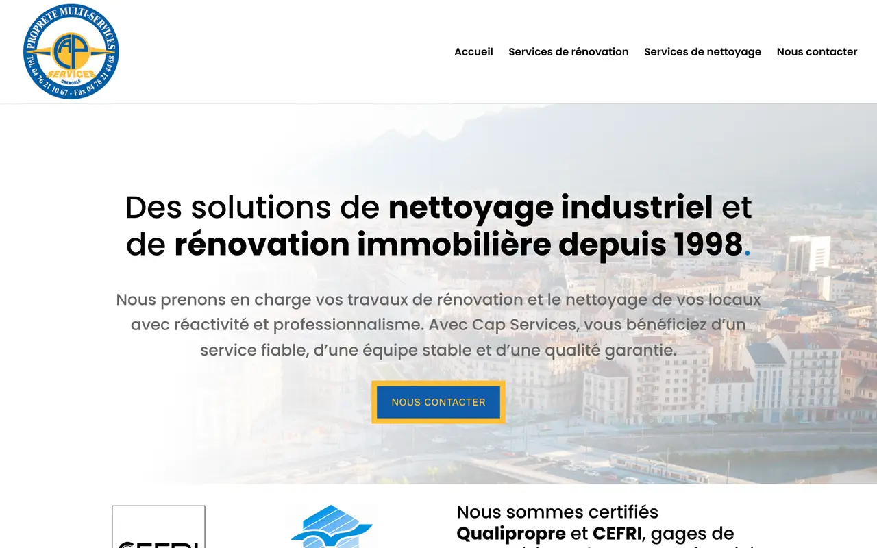 Page d’accueil du site de Cap Services, sur ordinateur.