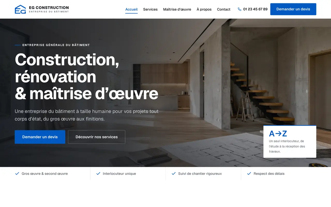 Page d’accueil du site d’EG Construction, sur ordinateur.