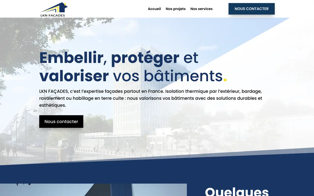 Page d’accueil du site de LKN Façades, sur ordinateur.