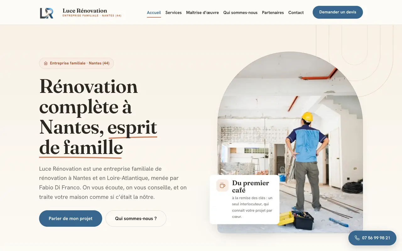 Page d’accueil du site de Luce Rénovation, sur ordinateur.