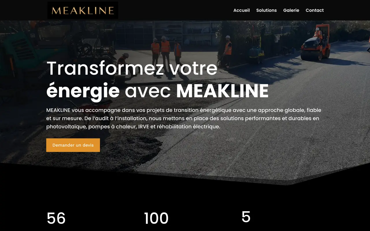 Page d’accueil du site de Meakline, sur ordinateur.