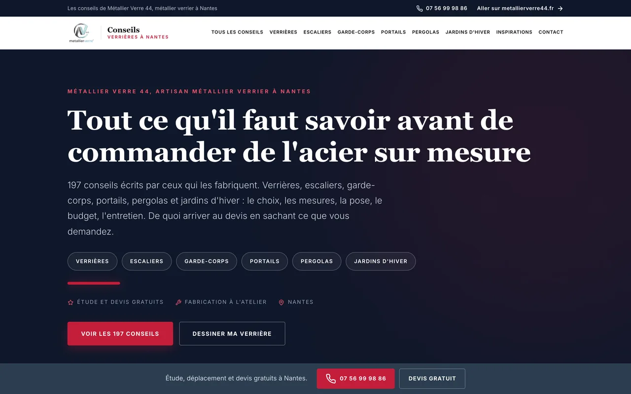 Page d’accueil du site de Métallier Verre 44
