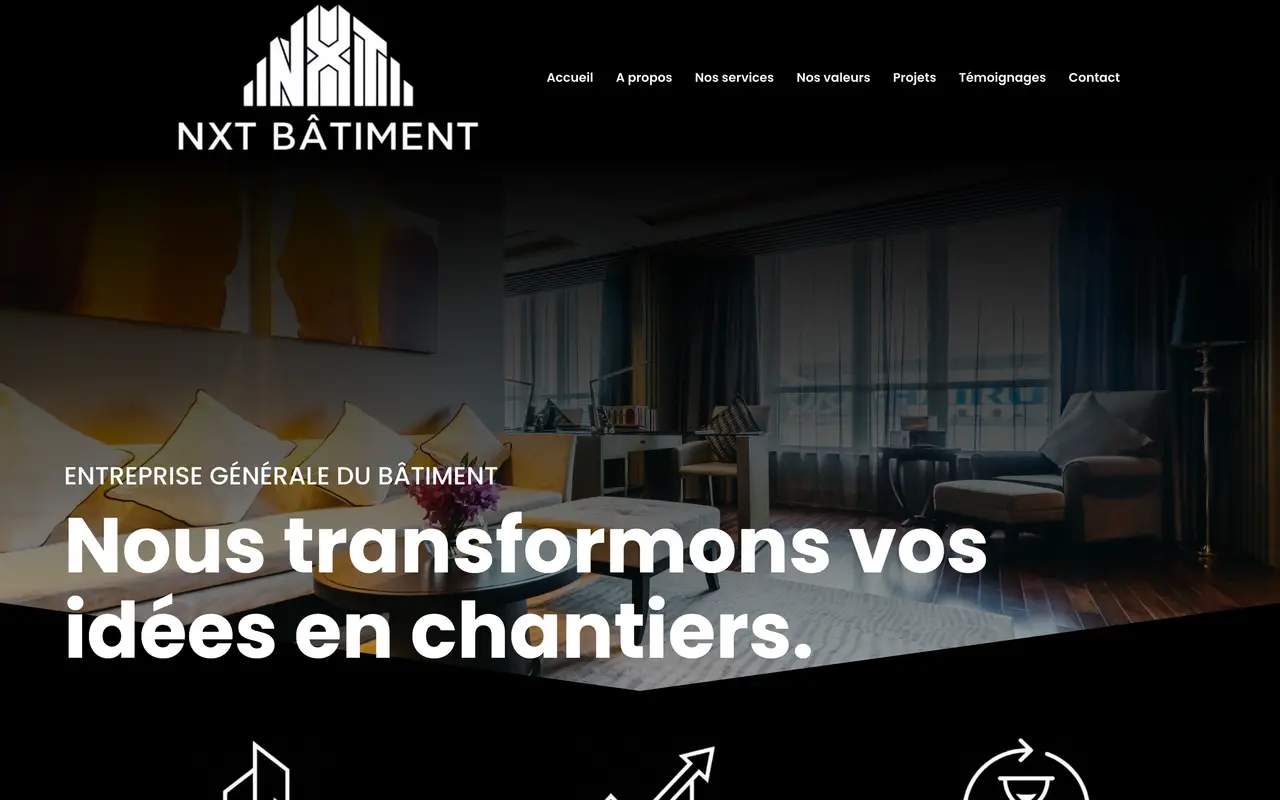 Page d’accueil du site de NXT Bâtiment, sur ordinateur.