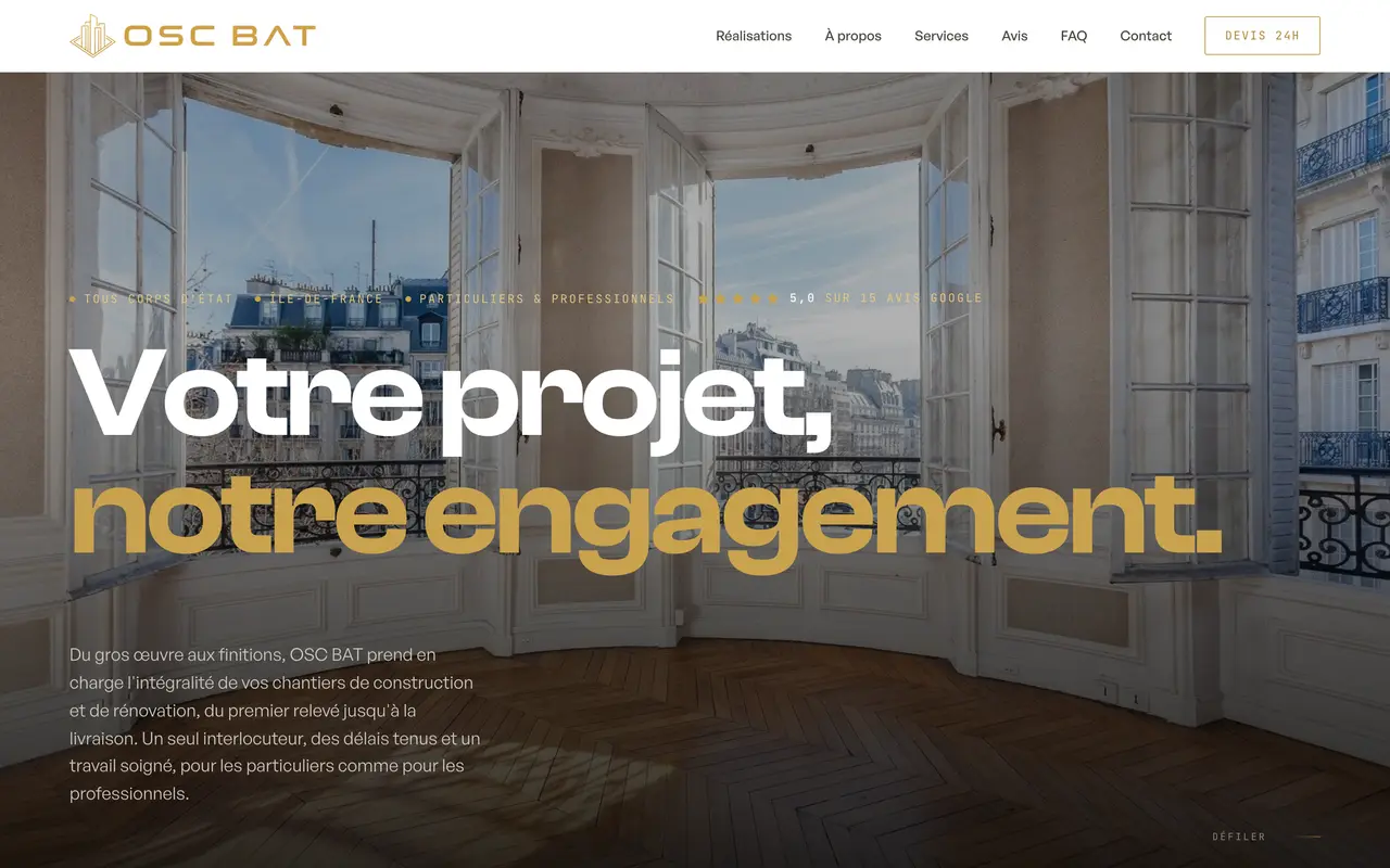 Page d’accueil du site d’OSC BAT, sur ordinateur.