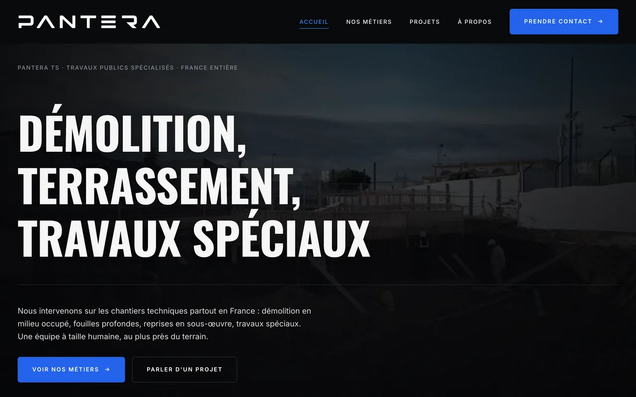 Page d’accueil du site de Pantera TS, sur ordinateur.