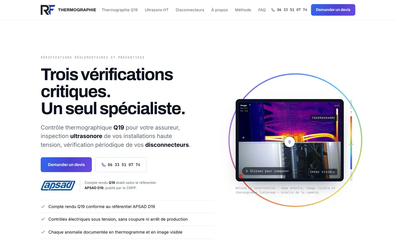 Page d’accueil du site de RF Thermographie, sur ordinateur.