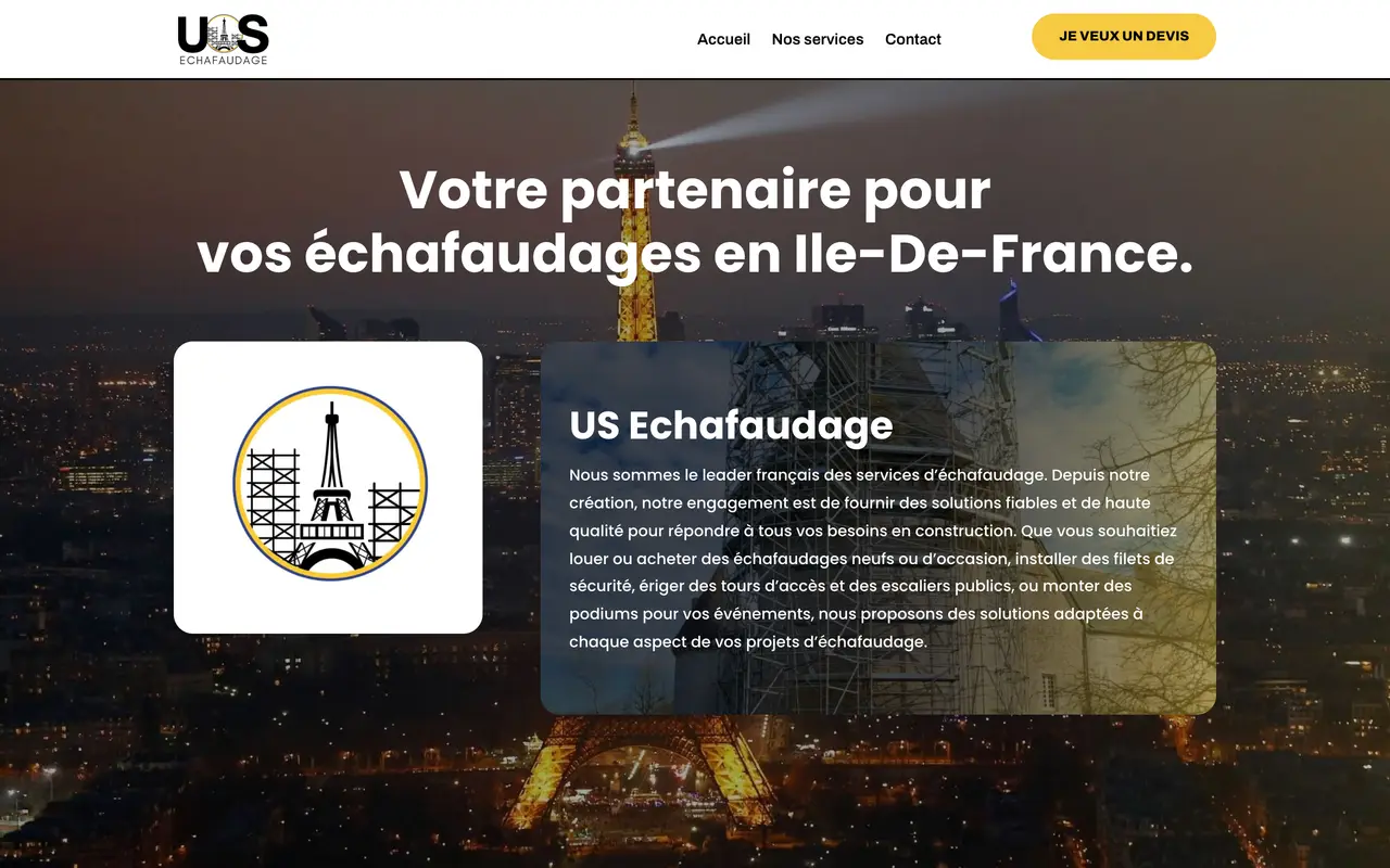 Page d’accueil du site d’US Échafaudage, sur ordinateur.