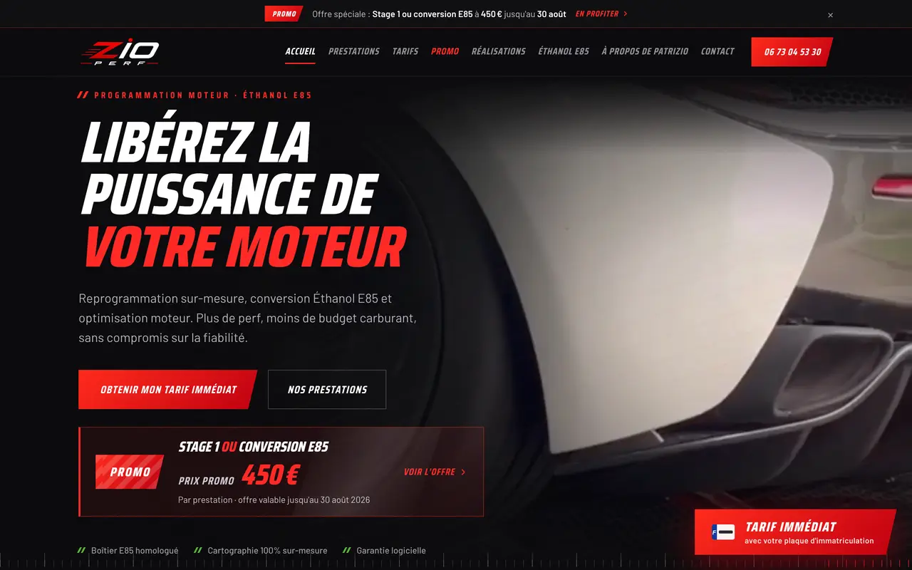 Le site de ZIO PERF, reprogrammation moteur et conversion Éthanol E85, réalisé par Odratta
