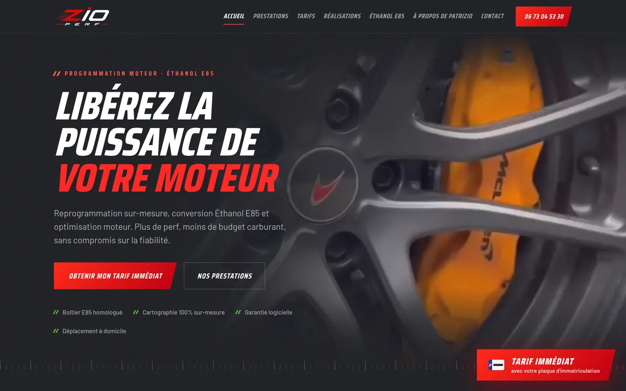Page d’accueil du site de ZIO PERF, sur ordinateur.