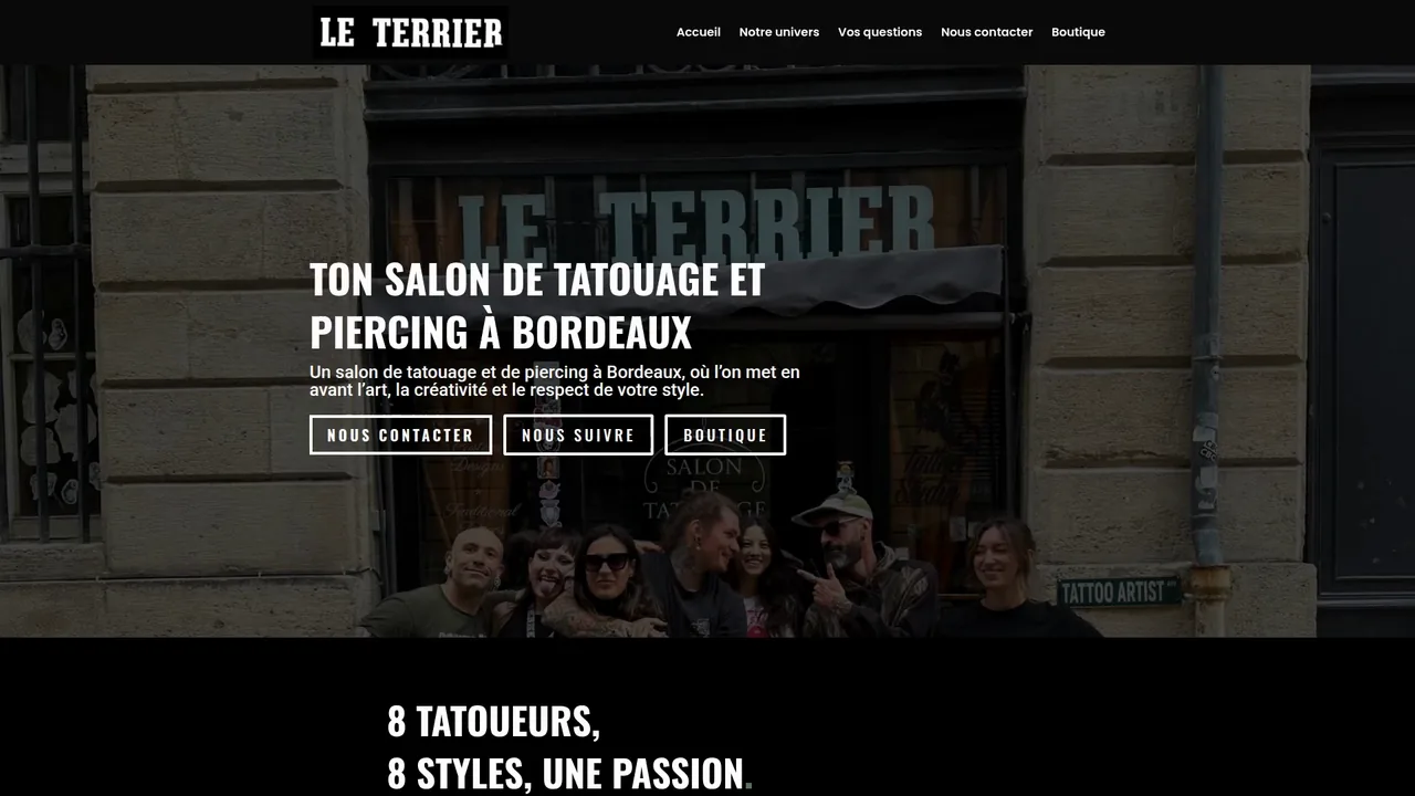 Page d’accueil du site du Terrier, salon de tatouage et de piercing à Bordeaux.