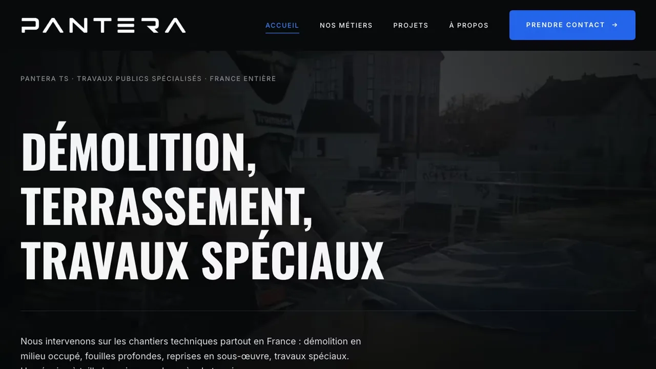 Page d’accueil du site de Pantera TS, entreprise de travaux publics spécialisés.