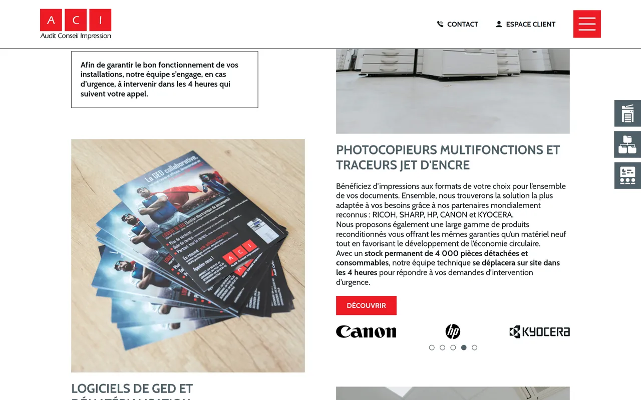 Page « Photocopieurs multifonctions » du site d’ACI, sur ordinateur.