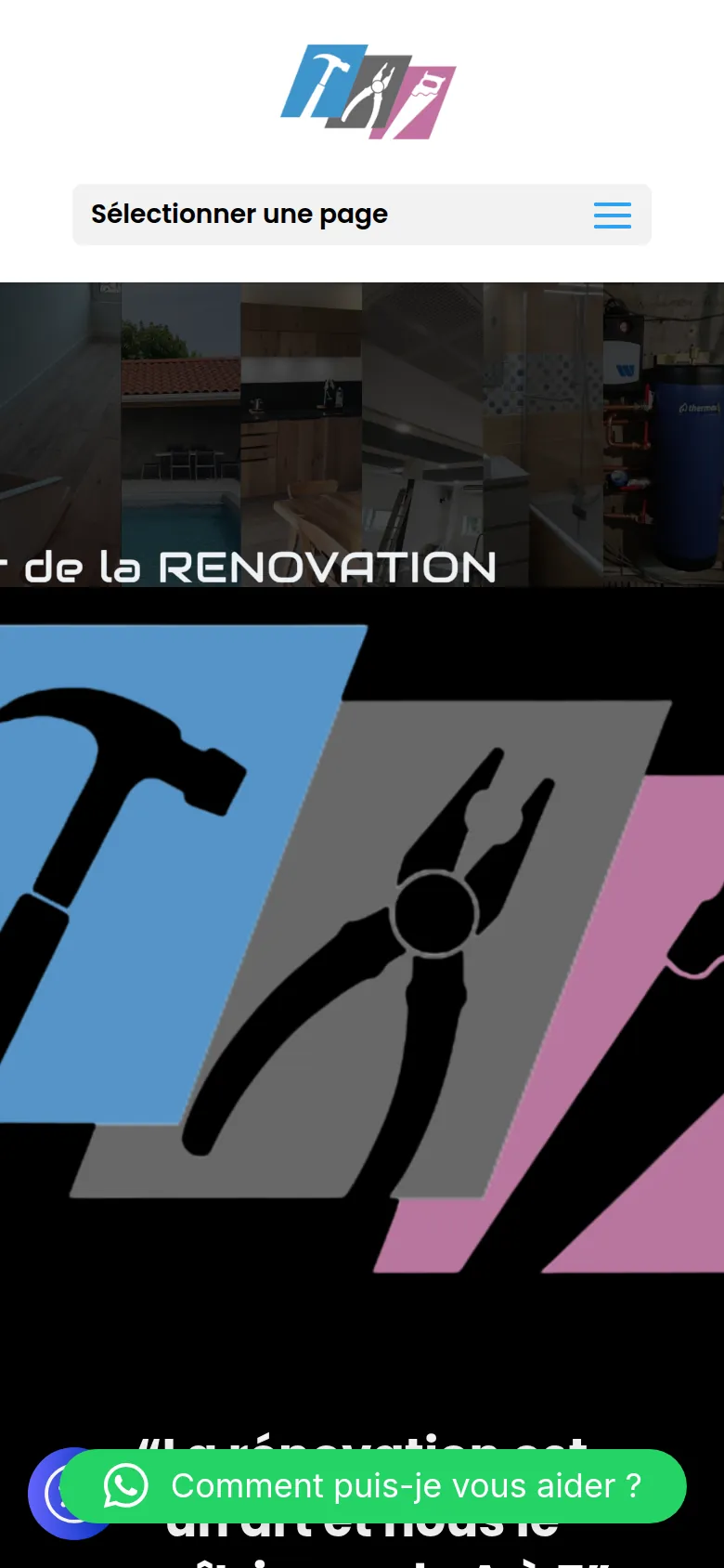 Page d’accueil du site d’ADLR Rénovation, sur téléphone.