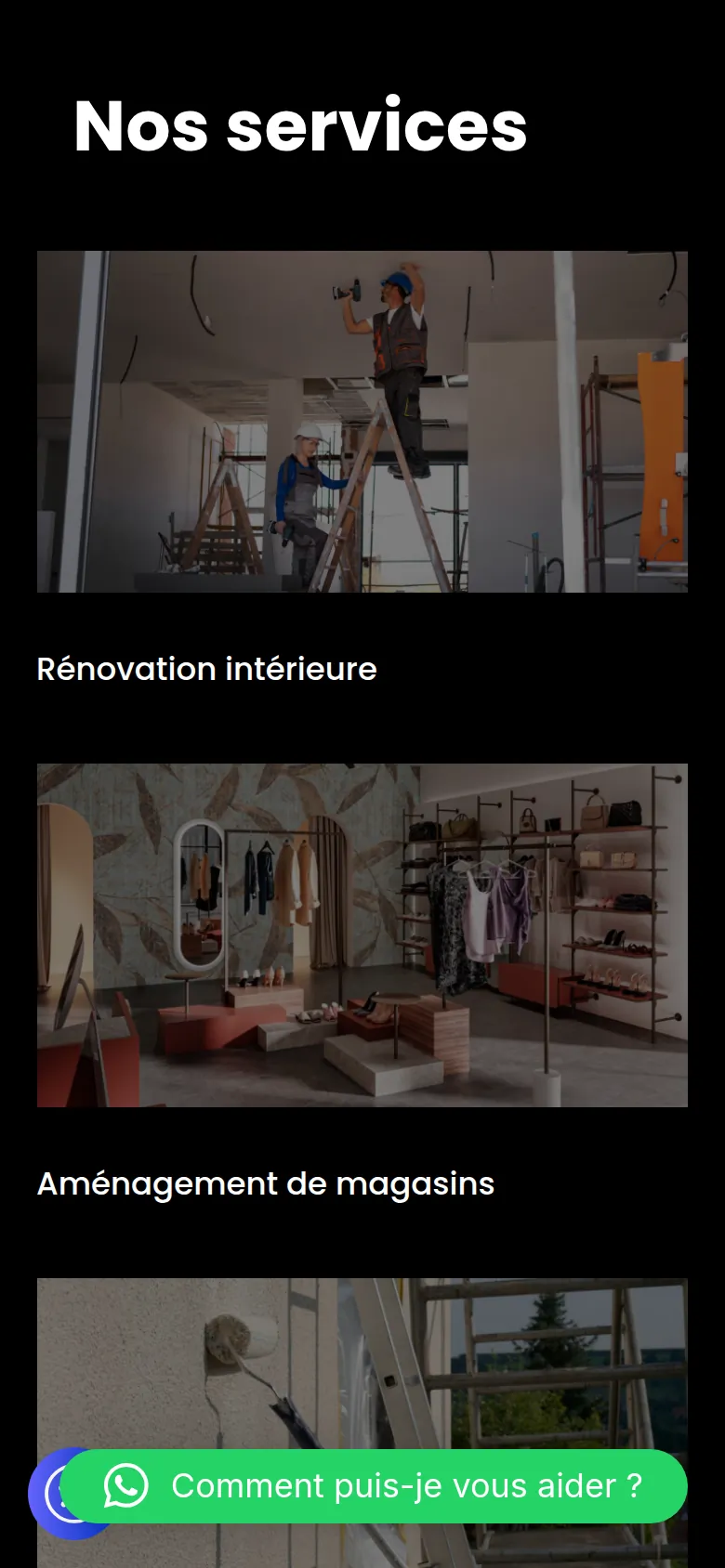 Section « Services » de l’accueil du site d’ADLR Rénovation, sur téléphone.