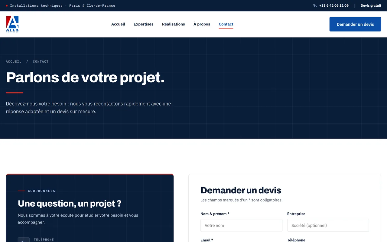 Page « Contact » du site d’AFLA SERVICES, sur ordinateur.