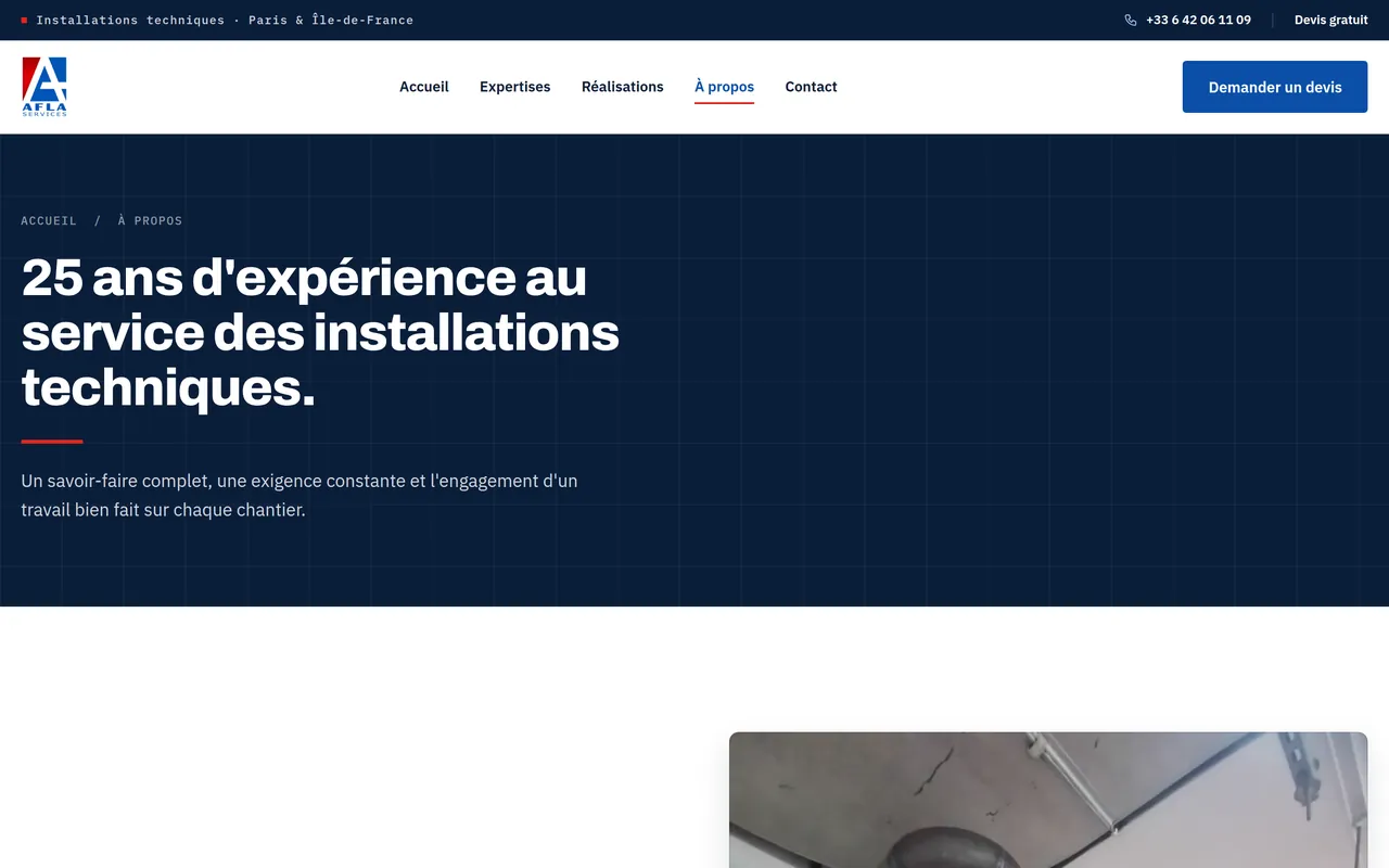 Page « À propos » du site d’AFLA SERVICES, sur ordinateur.