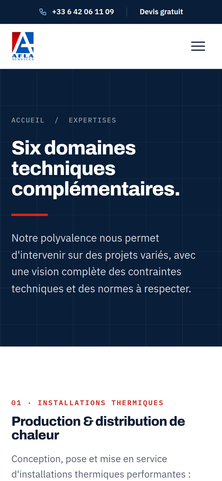 Page « Expertises » du site d’AFLA SERVICES, sur téléphone.