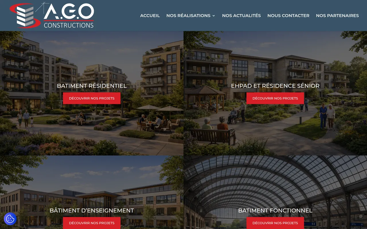 Page « Nos réalisations » du site d’A.G.O. Constructions, sur ordinateur.