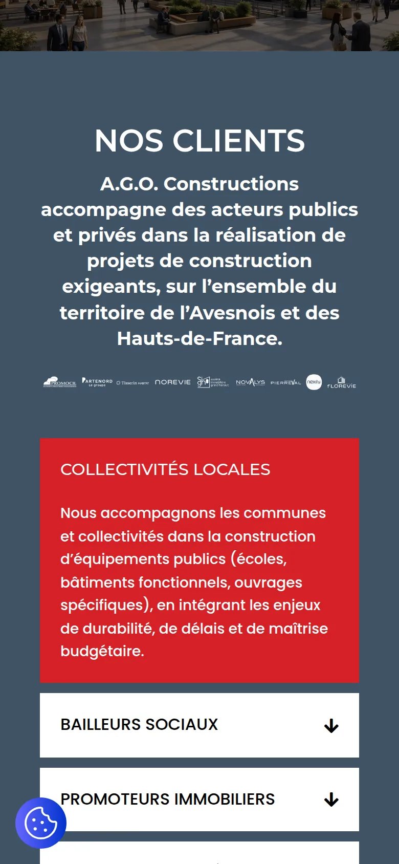 Page « Nos clients » du site d’A.G.O. Constructions, sur téléphone.