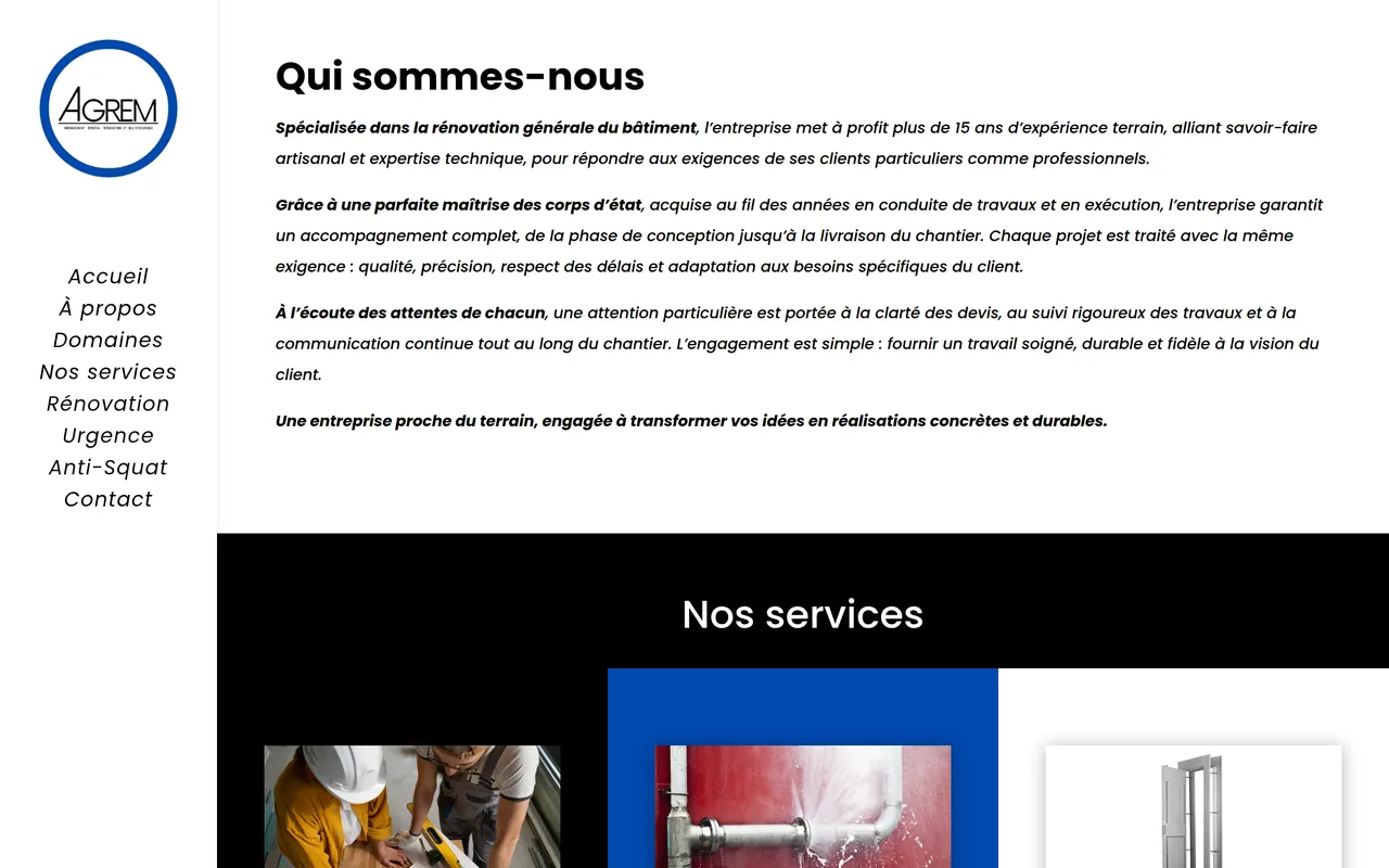 Section « À propos » de l’accueil du site d’Agrem, sur ordinateur.