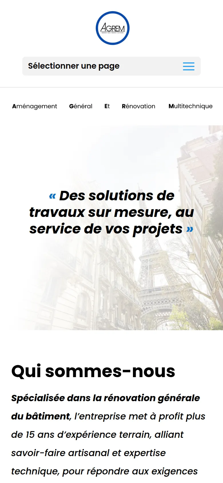 Page d’accueil du site d’Agrem, sur téléphone.
