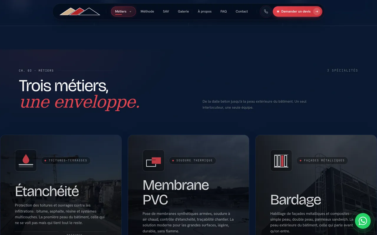 Section « Métiers » de l’accueil du site d’AKAR Étanchéité, sur ordinateur.