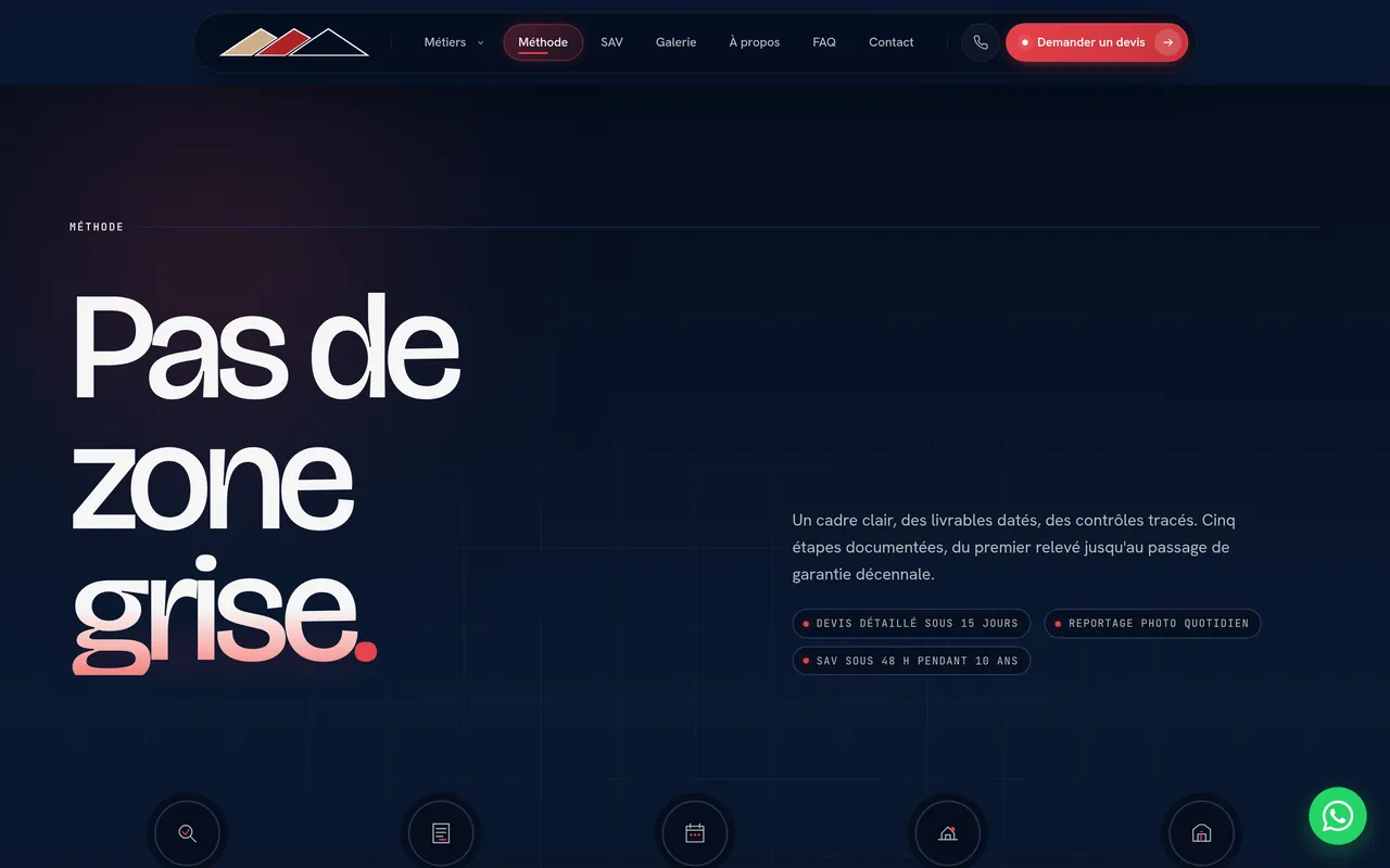 Section « Méthode » de l’accueil du site d’AKAR Étanchéité, sur ordinateur.