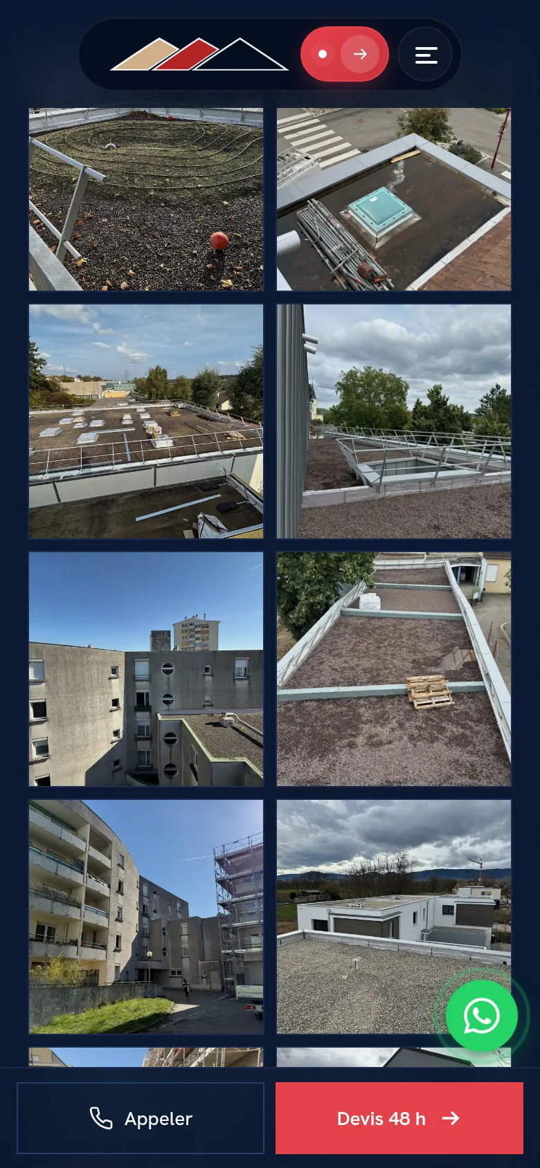 Page « Galerie » du site d’AKAR Étanchéité, sur téléphone.