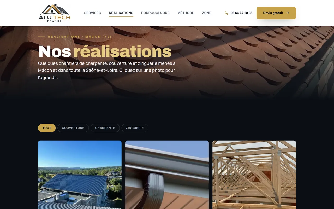 Page « Réalisations » du site d’ALU TECH FRANCE, sur ordinateur.