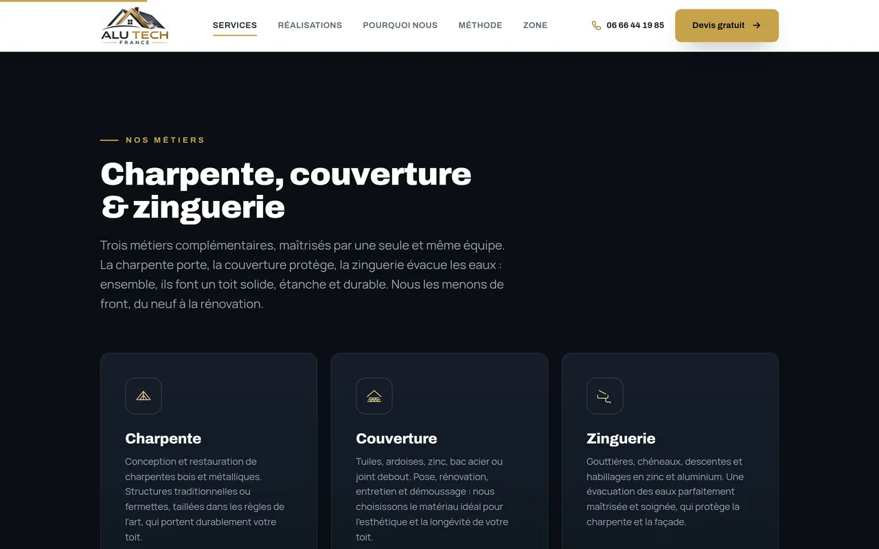 Section « Services » de l’accueil du site d’ALU TECH FRANCE, sur ordinateur.