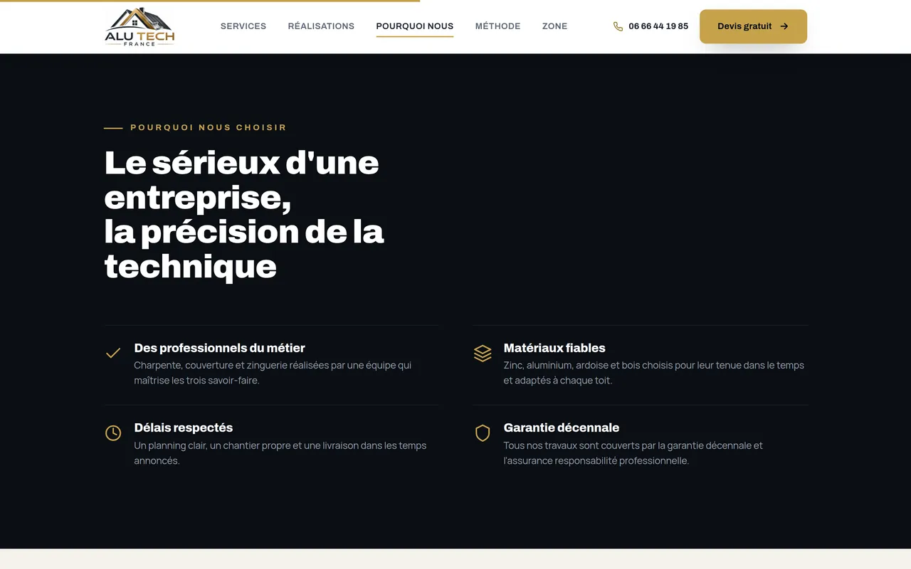 Section « Pourquoi nous » de l’accueil du site d’ALU TECH FRANCE, sur ordinateur.