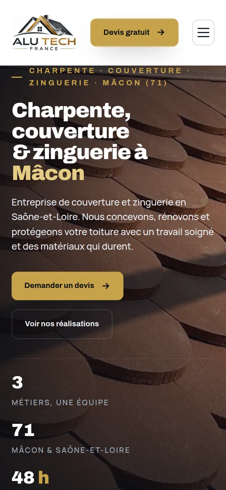Page d’accueil du site d’ALU TECH FRANCE, sur téléphone.