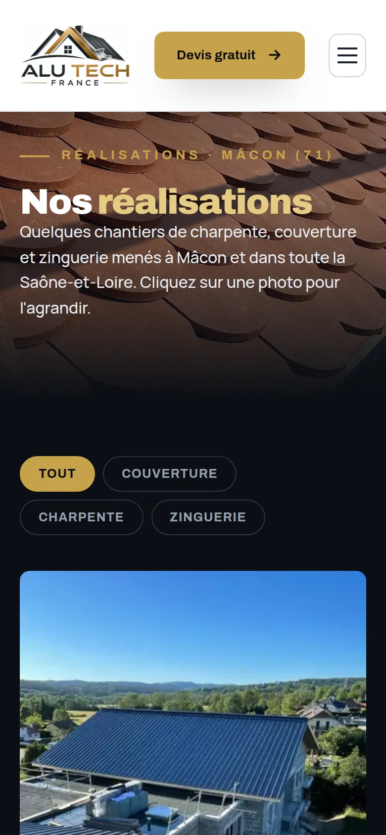 Page « Réalisations » du site d’ALU TECH FRANCE, sur téléphone.