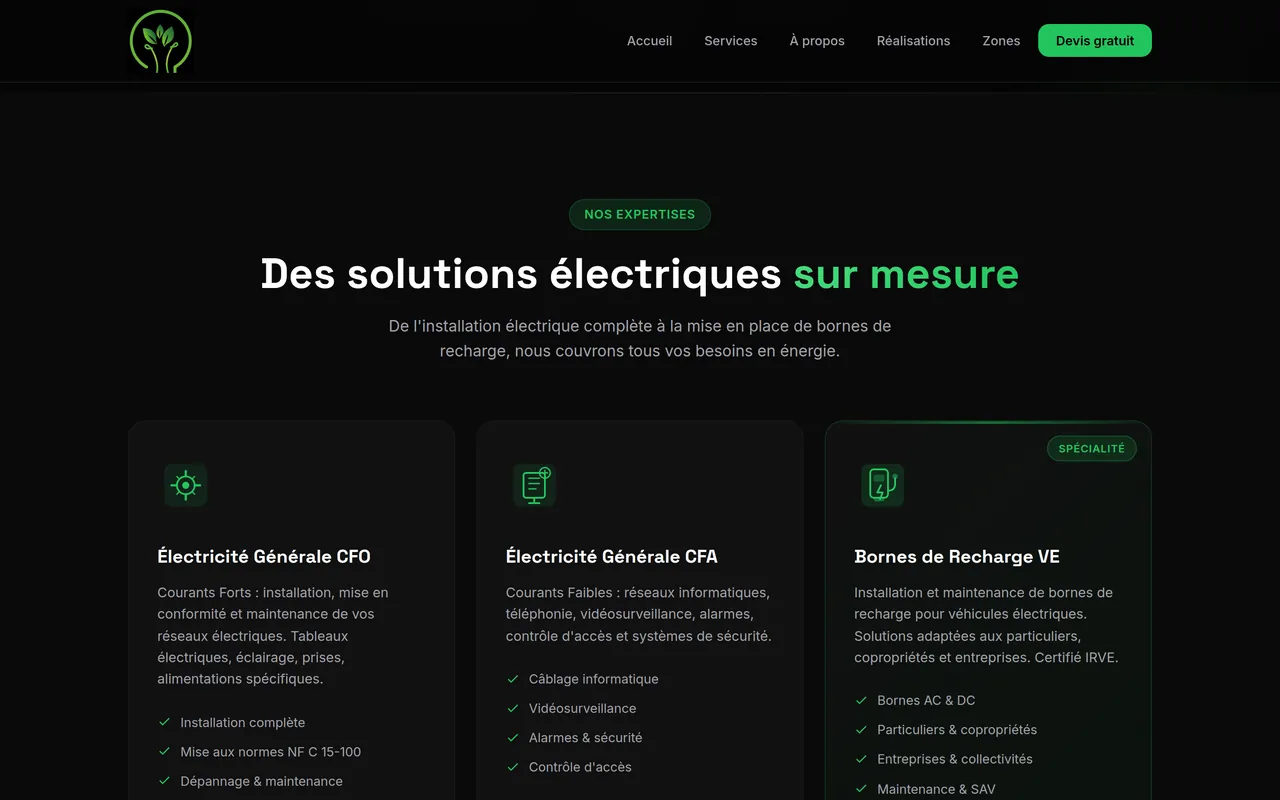 Section « Services » de l’accueil du site d’Amperelec Energy, sur ordinateur.