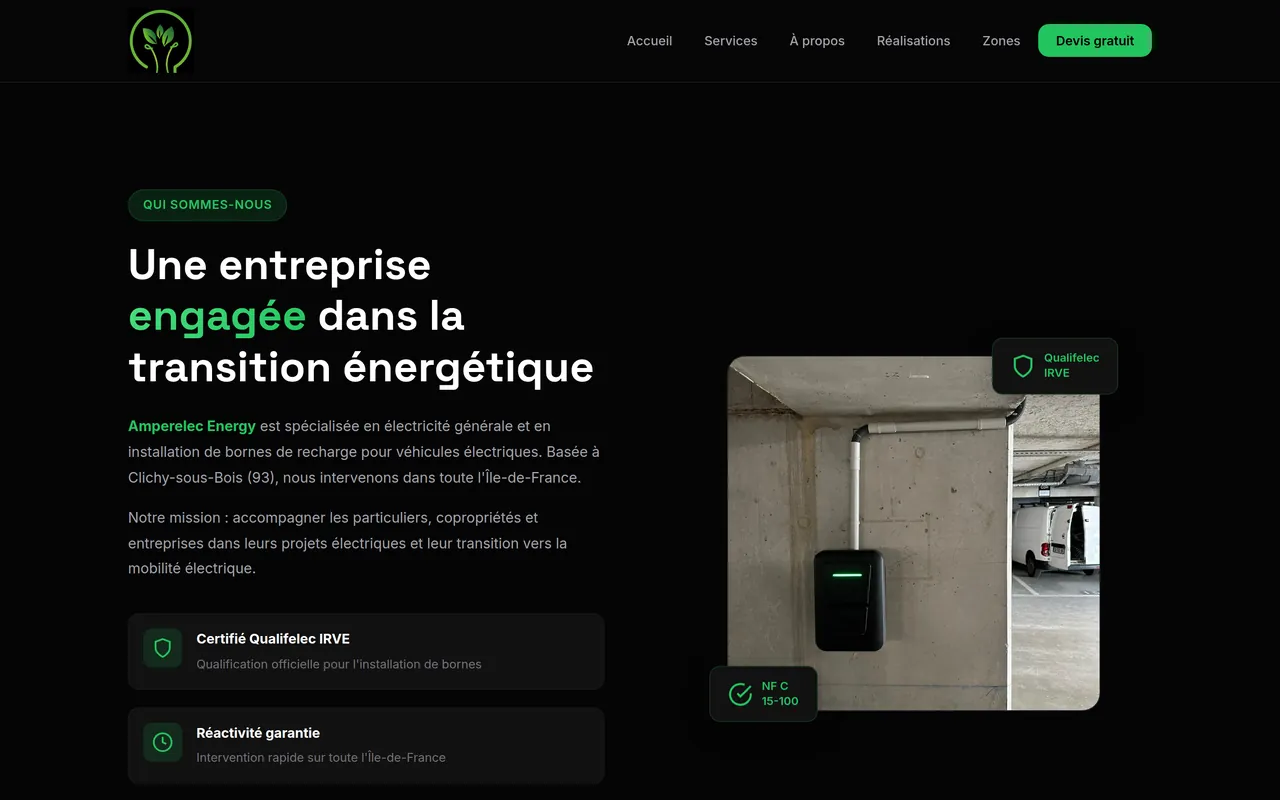 Section « À propos » de l’accueil du site d’Amperelec Energy, sur ordinateur.