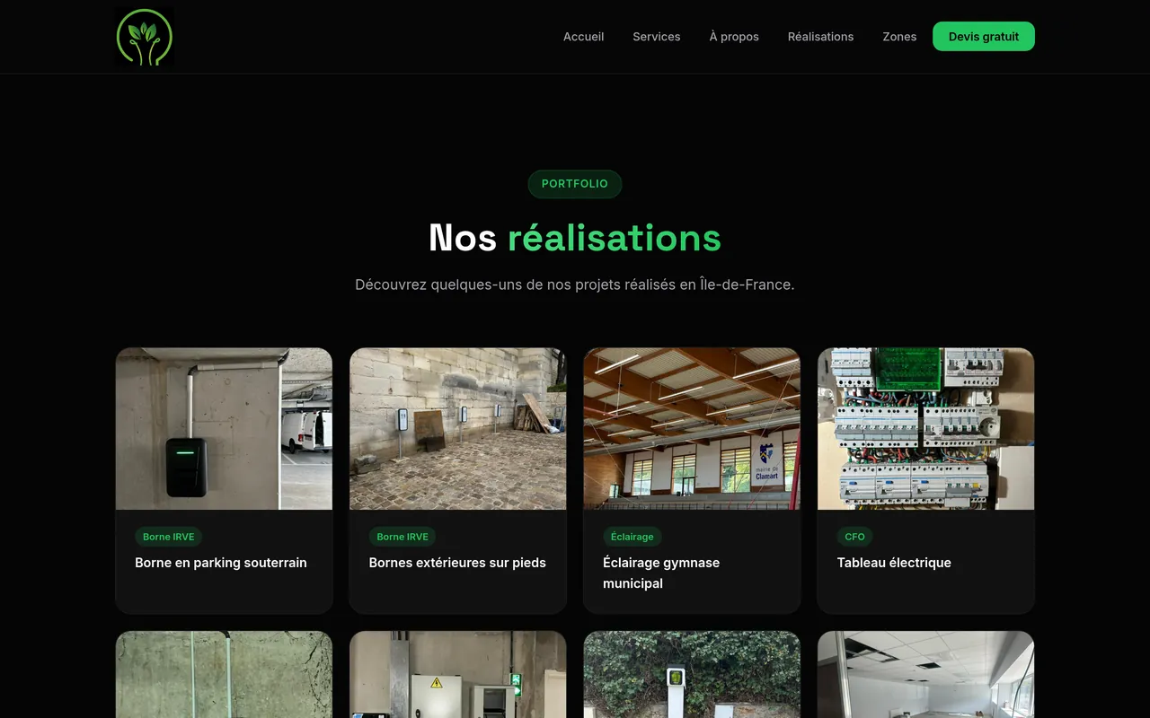 Section « Réalisations » de l’accueil du site d’Amperelec Energy, sur ordinateur.