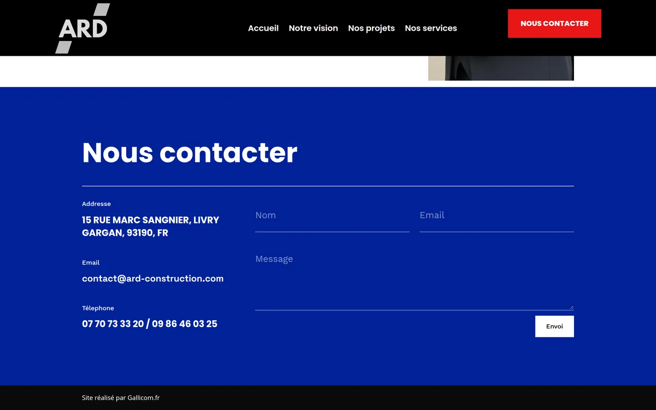Section « Nous contacter » de l’accueil du site d’ARD Construction, sur ordinateur.