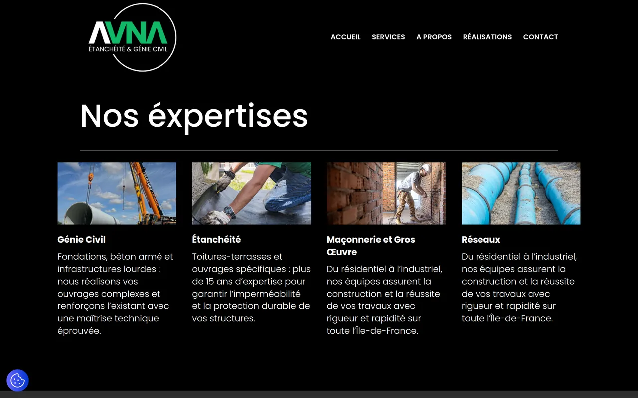 Page « Services » du site d’Avna Etancheite, sur ordinateur.