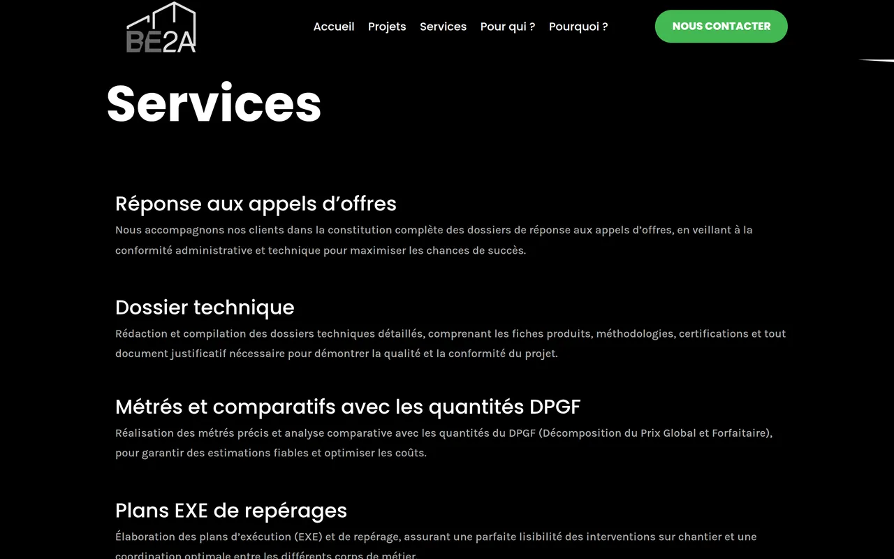 Section « Services » de l’accueil du site de BE2A, sur ordinateur.
