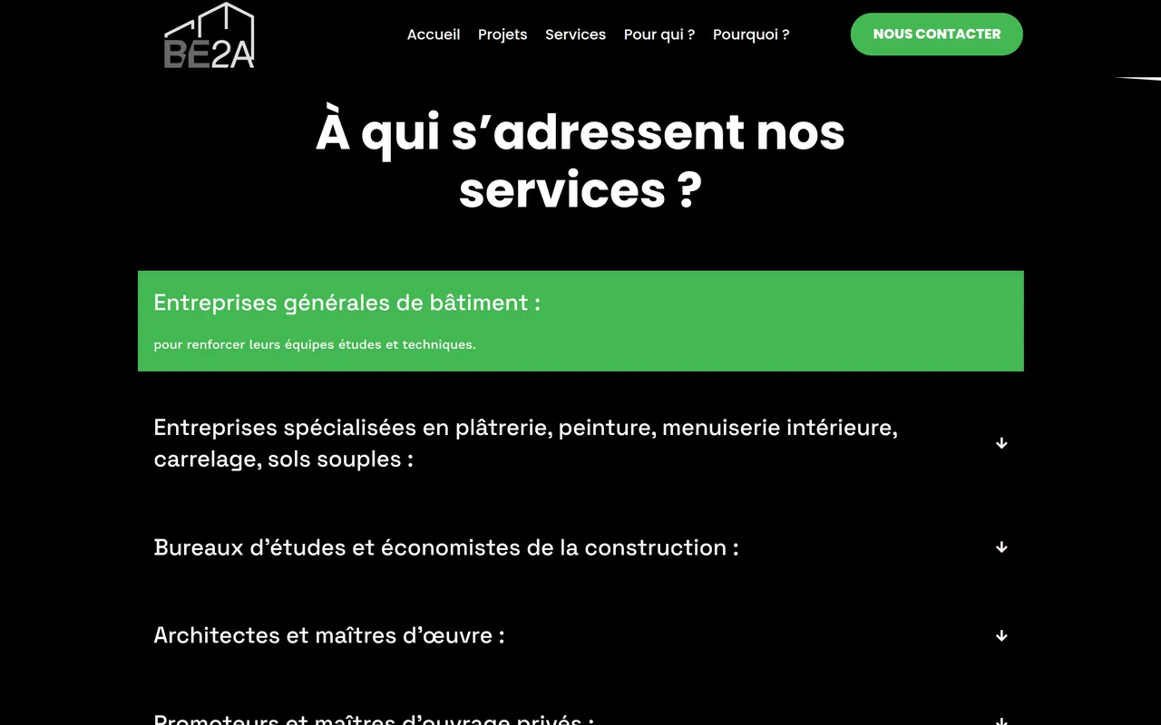 Section « Pour qui ? » de l’accueil du site de BE2A, sur ordinateur.