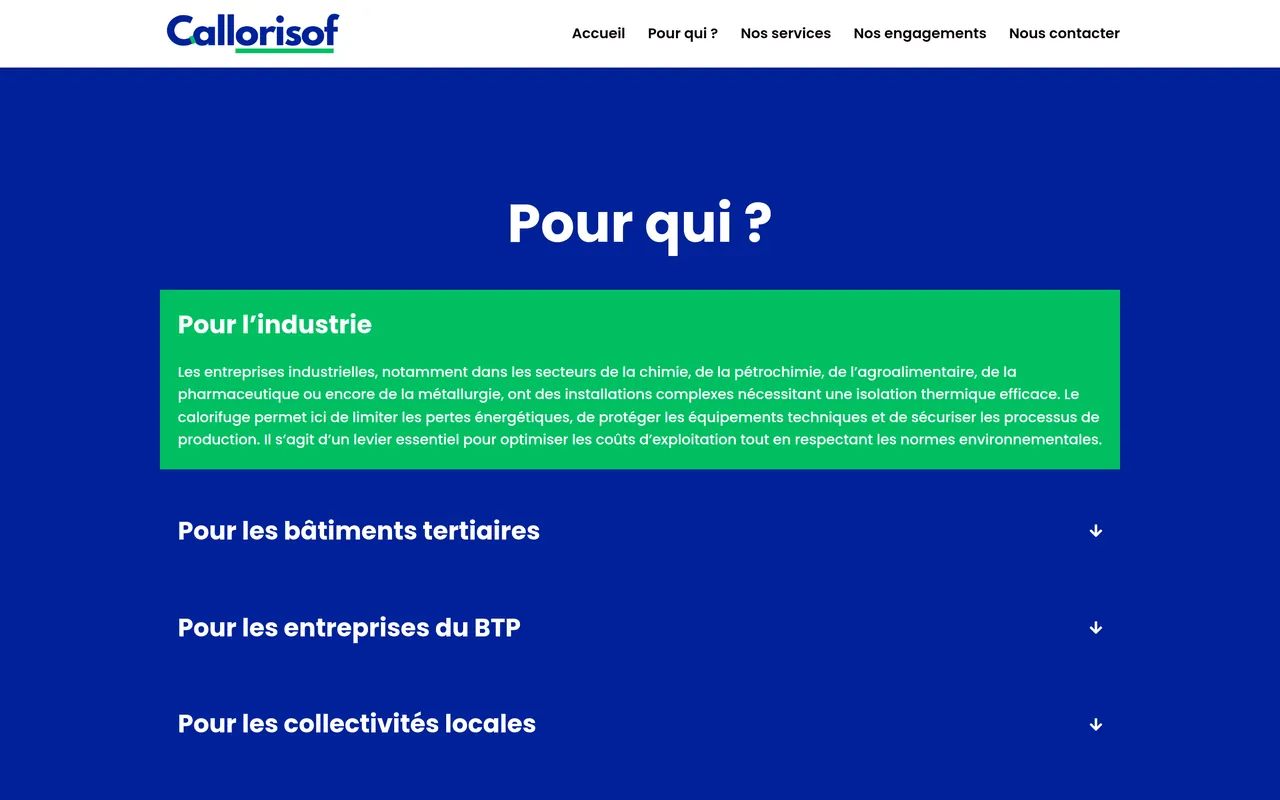 Section « Pour qui ? » de l’accueil du site de Callorisof, sur ordinateur.
