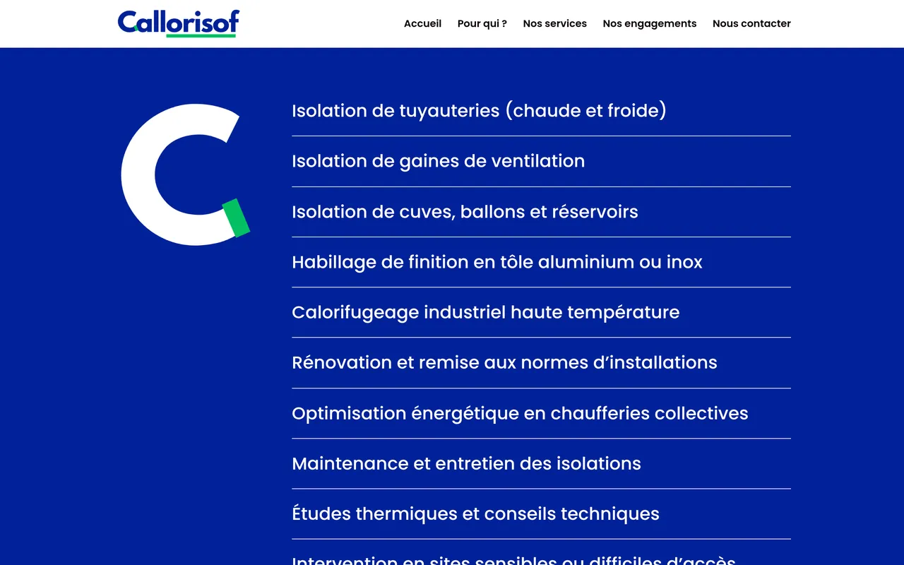 Section « Nos services » de l’accueil du site de Callorisof, sur ordinateur.