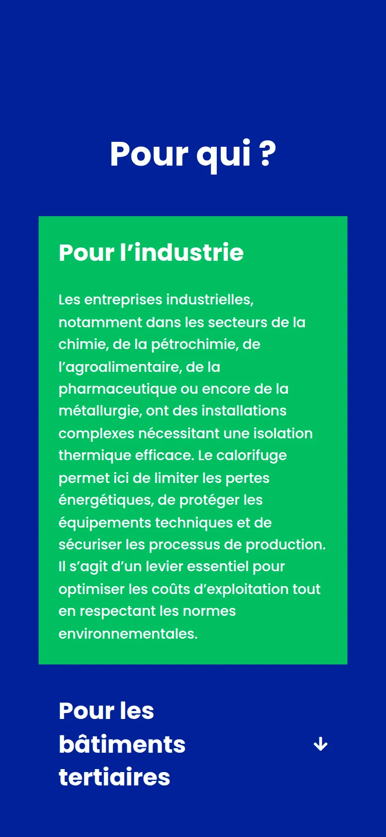 Section « Pour qui ? » de l’accueil du site de Callorisof, sur téléphone.