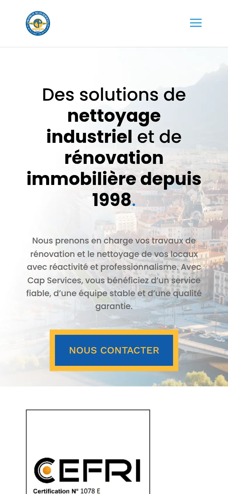 Page d’accueil du site de Cap Services, sur téléphone.