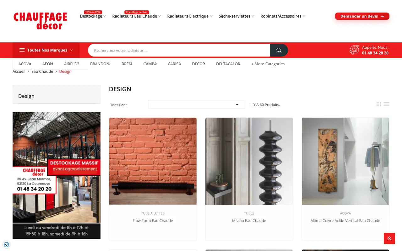 Page « Radiateurs design » du site de Chauffage Décor, sur ordinateur.