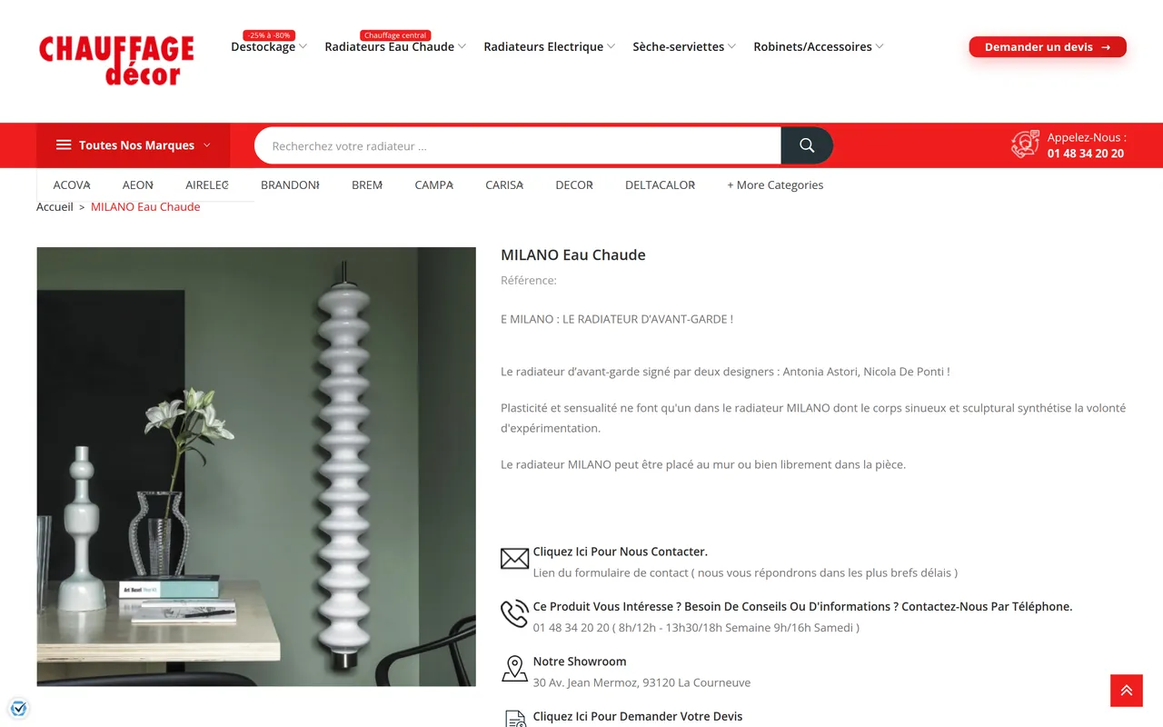 Page « Fiche produit » du site de Chauffage Décor, sur ordinateur.